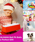 Young child opening box of pearl white Ball Pit Balls 100 Play Balls Plastic Balls for Baby Girls Toddlers Kids Play Tent Pool Playhouse Playpen Party Decoration