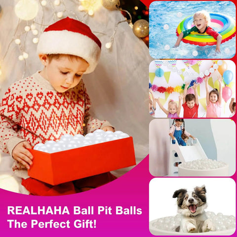 Young child opening box of pearl white Ball Pit Balls 100 Play Balls Plastic Balls for Baby Girls Toddlers Kids Play Tent Pool Playhouse Playpen Party Decoration
