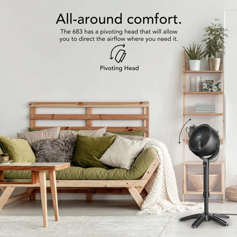 Room interior with an All Day Chill Pedestal Fan With Three Speed Control And Height Adjustable From 32 To 38 Inches Delivers Whole Room Air Circulation And Quiet Operation For Bedroom And Home By Vornado next to a couch.