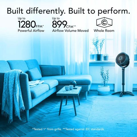 Living room with All Day Chill Pedestal Fan With Three Speed Control And Height Adjustable From 32 To 38 Inches Delivers Whole Room Air Circulation And Quiet Operation For Bedroom And Home By Vornado.