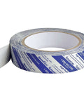 Roll of SpeedTape Peel And Stick Double-Sided Adhesive Tape For Edge Banding, 1 inch by 50 feet, clear, visible protective backing.