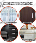 Adhesive Cabinet Handles Peel And Stick No Drill Silver Five Point Five Inch Drawer Pulls installed on various doors and cabinets