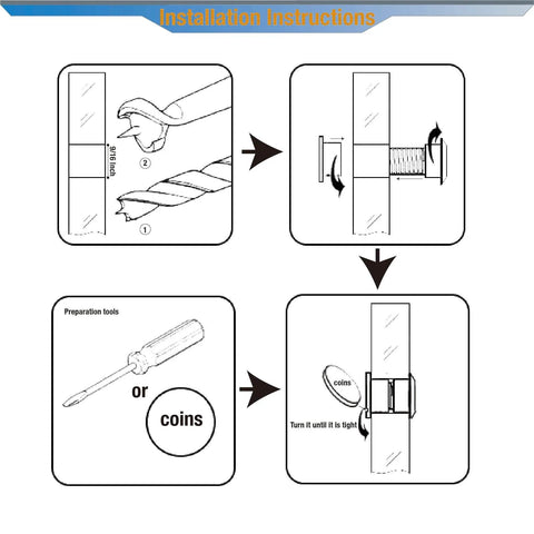 Illustration showing installation steps for Wide Angle Door Peephole Viewer Kit, 2 Pack For One And A Half To Two And A Quarter Inch Doors