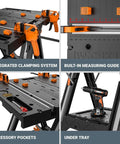 Pegasus 2 In 1 Folding Work Table And Sawhorse Portable Workbench with Clamps WX051 featuring clamping system, measuring guide, pockets, tray.