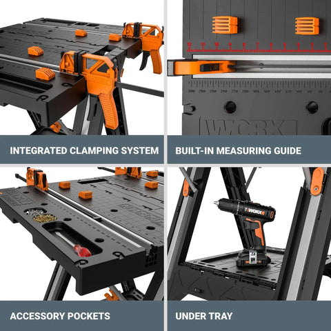 Pegasus 2 In 1 Folding Work Table And Sawhorse Portable Workbench with Clamps WX051 featuring clamping system, measuring guide, pockets, tray.