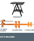 Pegasus 2 In 1 Folding Work Table And Sawhorse Portable Workbench With Clamps WX051 showing clamps, clamp dogs, and table links