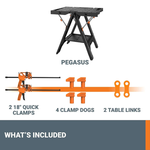 Pegasus 2 In 1 Folding Work Table And Sawhorse Portable Workbench With Clamps WX051 showing clamps, clamp dogs, and table links