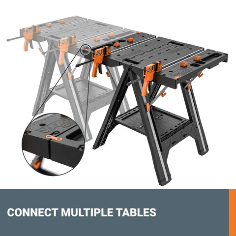 Pegasus 2 In 1 Folding Work Table And Sawhorse Portable Workbench With Clamps WX051, connecting feature detail.