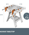 Diagram of Pegasus 2 In 1 Folding Work Table And Sawhorse Portable Workbench With Clamps WX051, showing 31x25 inch surface and 32 inch height