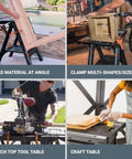 Four images of Pegasus 2 In 1 Folding Work Table And Sawhorse Portable Workbench With Clamps WX051 in various uses and settings.