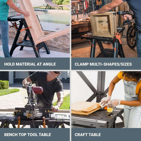Four images of Pegasus 2 In 1 Folding Work Table And Sawhorse Portable Workbench With Clamps WX051 in various uses and settings.