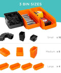 Wall Mounted Pegboard Garage Storage System with 28 Color Coded Bins shown in three sizes for tool organization
