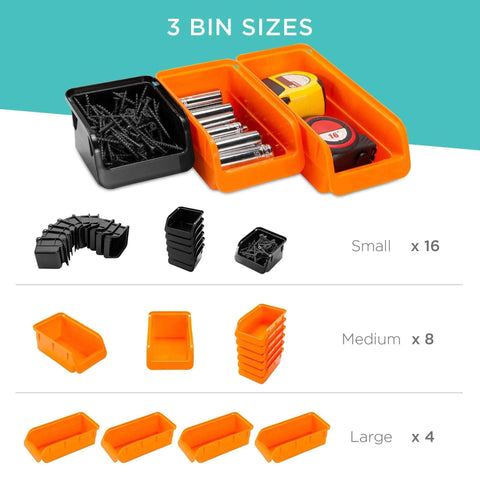 Wall Mounted Pegboard Garage Storage System with 28 Color Coded Bins shown in three sizes for tool organization