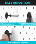 Easy repositioning steps for versatile pegboard hook set for 1/4 inch pegboards, featuring twist-out and lifting methods.