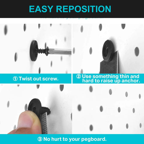 Easy repositioning steps for versatile pegboard hook set for 1/4 inch pegboards, featuring twist-out and lifting methods.