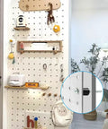 All-In-One Pegboard Mounting Kit With 72 Piece Set Including 24 Screws 24 Washers And 24 Spacers For Quick Wall Mounts Pegboard Installation Accessories Compatible With One Eighth Inch And One Quarter Inch Pegboard installed on wall with shelves and decor.