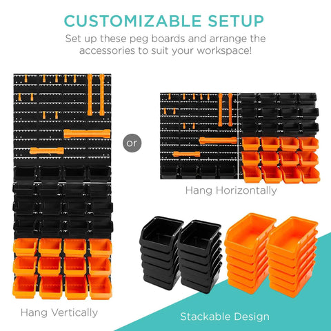 Customizable setup of Wall Mounted Pegboard Garage Storage System With 28 Color Coded Bins And 14 Accessories showing vertical and horizontal options.