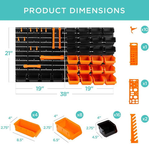 Dimensions of Wall Mounted Pegboard Garage Storage System With 28 Color Coded Bins And 14 Accessories 44 Piece Tool Organizer