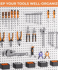 Pegboard with organized tools including screwdrivers, pliers, wrenches, and toolboxes, promoting efficient tool storage.