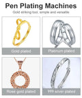 Image of gold, platinum, rose gold, and 999 silver plated jewelry demonstrating the Pen Type Plating Machine Gold Plating Kit capabilities.