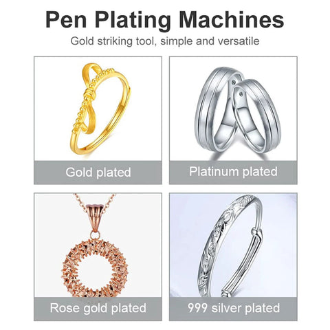 Image of gold, platinum, rose gold, and 999 silver plated jewelry demonstrating the Pen Type Plating Machine Gold Plating Kit capabilities.