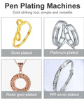 Gold Plating Kit For Jewelry With Electroplating Pen, showing examples of gold, platinum, rose gold, and silver plated jewelry pieces.