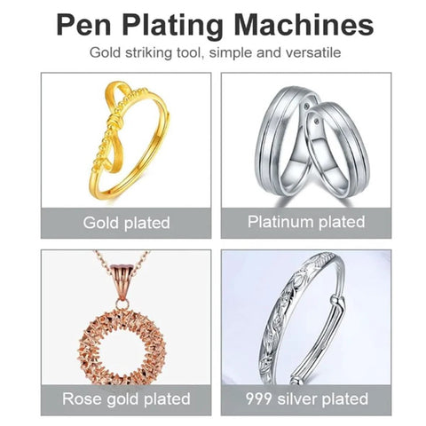 Gold Plating Kit For Jewelry With Electroplating Pen, showing examples of gold, platinum, rose gold, and silver plated jewelry pieces.