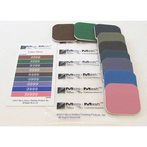 Pen Sanding Kit With Soft Touch Pads 1500 To 12000 Grit For Finishing, showing color-coded grit pads and guide chart