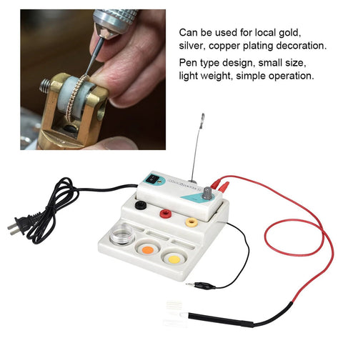 Gold Plating Kit For Jewelry And Local Gold Plating Pen Type Plating Machine With Rhodium Silver Copper Plating Capabilities Electroplating Pen For DIY Repairs And Restoration next to hands using electroplating pen on jewelry piece.