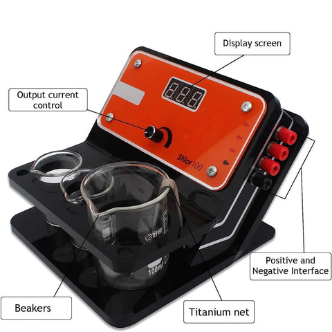 Pen Type Jewelry Plating Machine Kit with Electroplating Pen for gold silver rose gold and nickel plating solutions, display screen, beakers, current control.