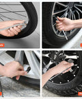Pencil Tire Pressure Gauge 2 Pack With 16 Tire Caps Calibrated To ANSI B40.1 Grade B(2%), shown checking tire pressure on vehicles and bike.