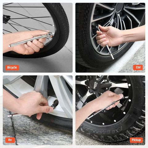 Pencil Tire Pressure Gauge 2 Pack With 16 Tire Caps Calibrated To ANSI B40.1 Grade B(2%), shown checking tire pressure on vehicles and bike.