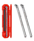 Pencil Tire Pressure Gauge 2 Pack With 16 Tire Caps Calibrated To ANSI B40.1 Grade B(2%), visible in red case with stainless steel body.