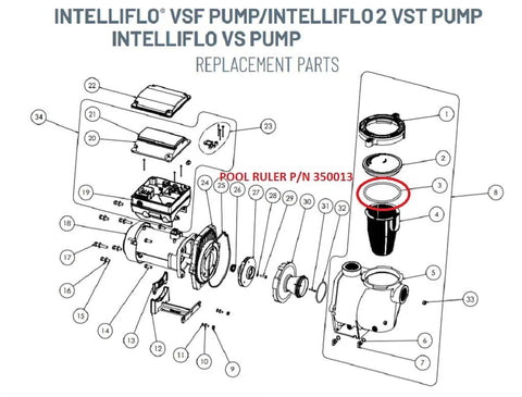Diagram showing IntelliFlo VSF Pump replacement parts, including O Ring Replacement Kit For Pool Pumps 350013 2 Pack With Lubricant.