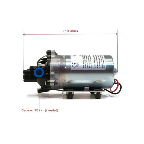 Side view of Pentair Shurflo 8000-543-936 12V DC standard water pump with pre-wired harness, 1.8 GPM 60 PSI, 8 1/8 inch length, 5/8 inch diameter.