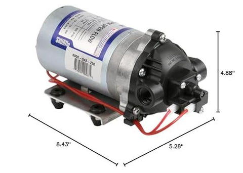 Pentair SHURflo 8000-543-236 12V automatic-demand diaphragm pump with Viton valves and 3/8 in NPT ports, dimensions labeled.