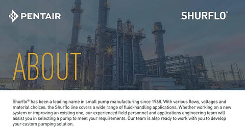 Industrial facility with "PENTAIR SHURFLO" branding, highlighting Shurflo's history and product offerings.