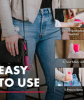 Compact police-strength pepper spray with quick release keychain attached to a woman's purse, focusing on keychain use steps.