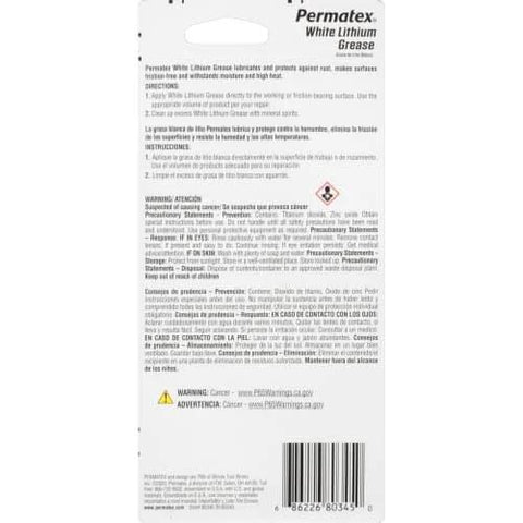 Back packaging of Permatex 80345 White Lithium Grease, 1.5 oz with instructions and warnings.