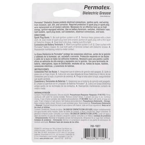 Back packaging of Permatex 81150 Dielectric Tune-Up Grease, 0.33 oz. Tube, Silver with product usage instructions and barcode.