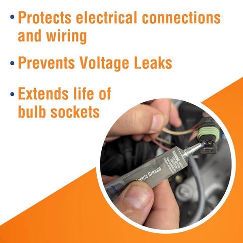 Close-up of applying Permatex 81150 Dielectric Tune-Up Grease, 0.33 oz. Tube, Silver to automotive wiring connection.