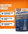 Front view of Permatex 81150 Dielectric Tune-Up Grease, 0.33 oz. Tube, Silver, in packaging with features listed