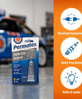 Front view of Permatex 81150 Dielectric Tune-Up Grease, 0.33 oz. Tube, Silver, with packaging in automotive workshop.