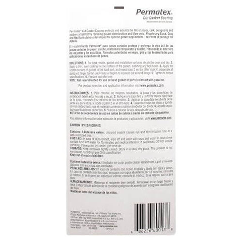 Back view of packaging for Grey Cut Gasket Coating Sealant For Tough Torque Engines, Vibration Resistant Silicone Sealant, 2 Oz