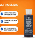 Permatex 81950 Ultra Slick Engine Assembly Lube, 4 oz. , Red bottle with features highlighted on orange background