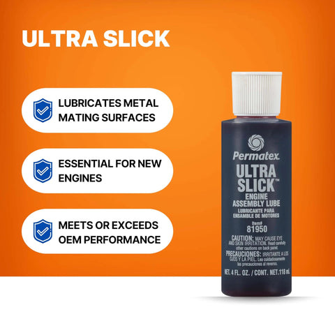 Permatex 81950 Ultra Slick Engine Assembly Lube, 4 oz. , Red bottle with features highlighted on orange background