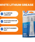 Permatex 80345 White Lithium Grease, 1.5 oz tube packaging with product benefits highlighted