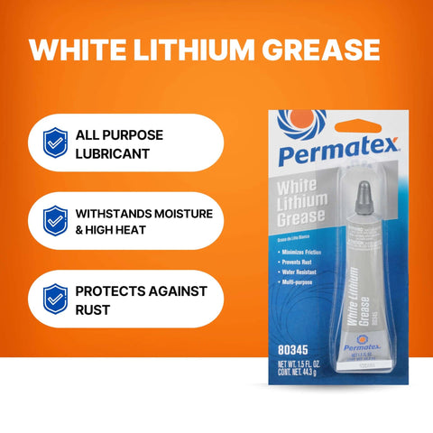 Permatex 80345 White Lithium Grease, 1.5 oz tube packaging with product benefits highlighted