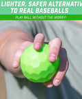 Person holding a green plastic baseball from the GoSports Plastic Baseballs - 6 Pack, demonstrating lightweight design for safe play.