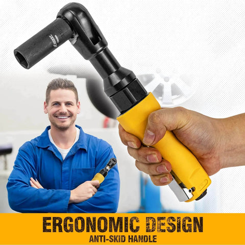 Hand holding 3/8-Inch Air Ratchet Wrench, Professional Pneumatic Ratchet Wrenches for Auto Maintenance and Repair Work, Maximum Torque 60 FT-LBS with ergonomic design.